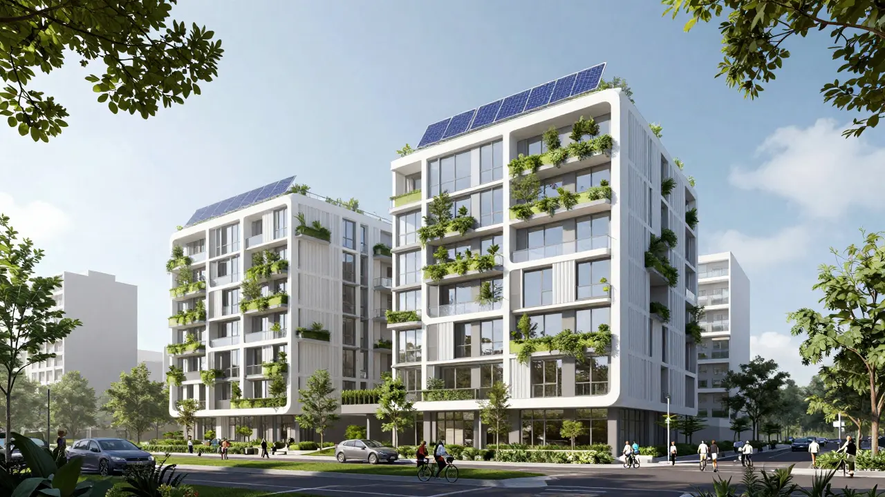 Ekologický moderní bytový komplex s vertikální zelení a solárními panely.