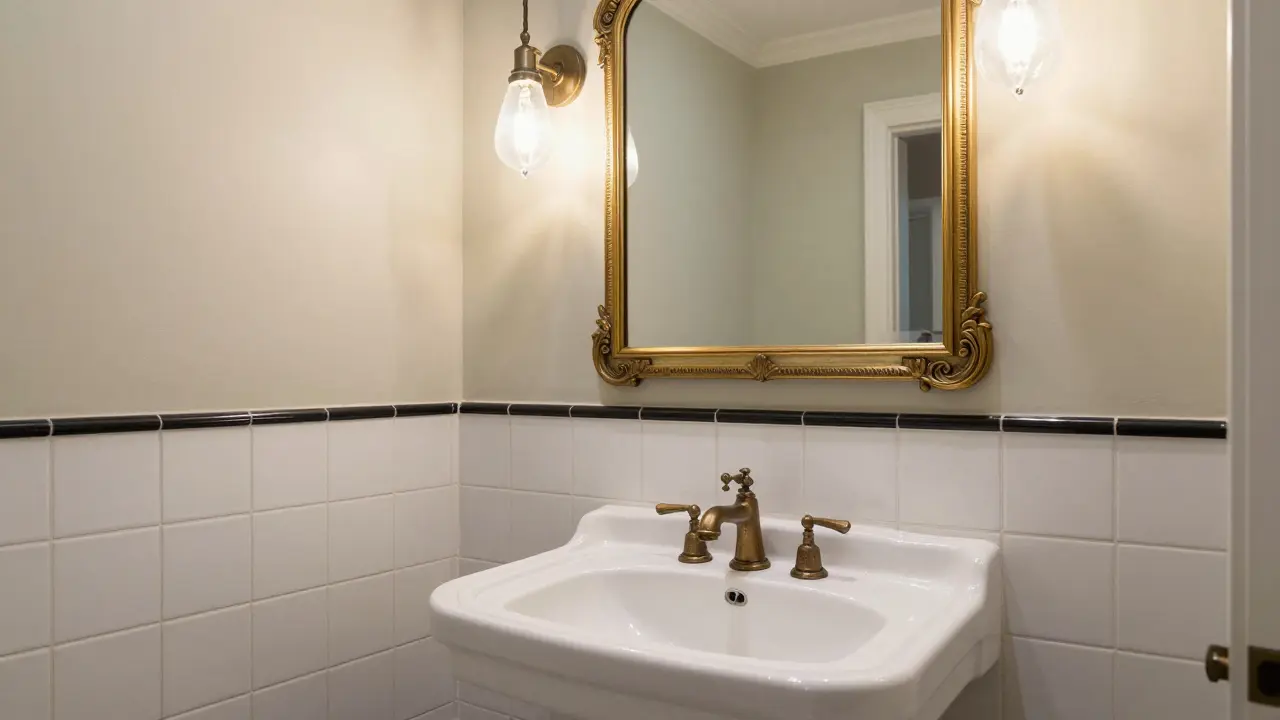 Elegantní koupelna ve vintage stylu s umyvadlem na podstavci a ozdobným Art Deco zrcadlem.