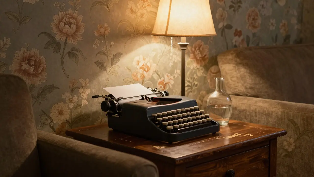 Hygge koutek s květinovou tapetou, patinovaným dřevěným stolkem a starým psacím strojem.