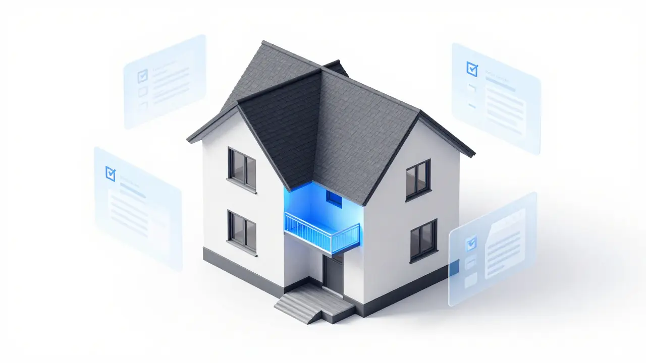 Izometrický 3D model domu s digitálními prvky znázornujícími elektronické podání žádosti.