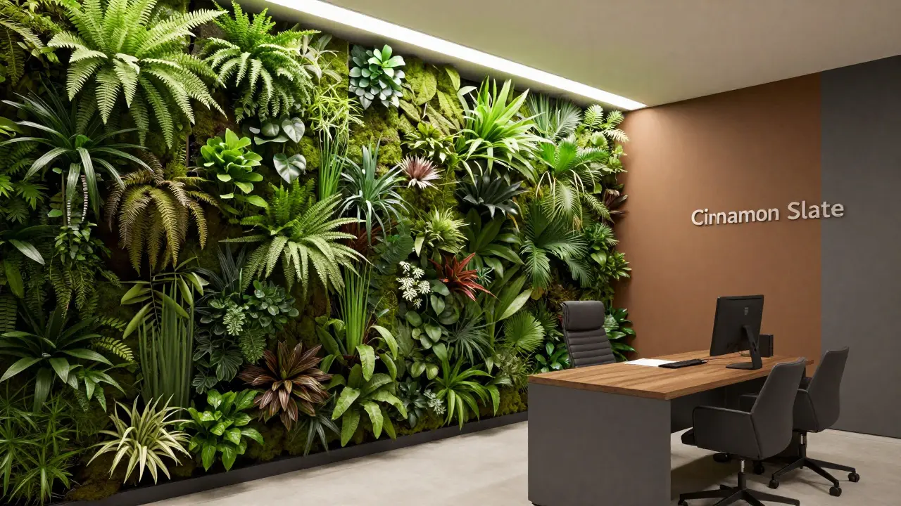 Kancelář s velkou vertikální zelenou stěnou a stěnou ve barvě Cinnamon slate.