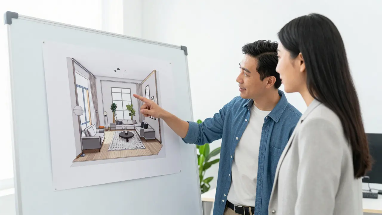 Klient a designér společně diskutují a revidují 3D vizualizaci interiéru.