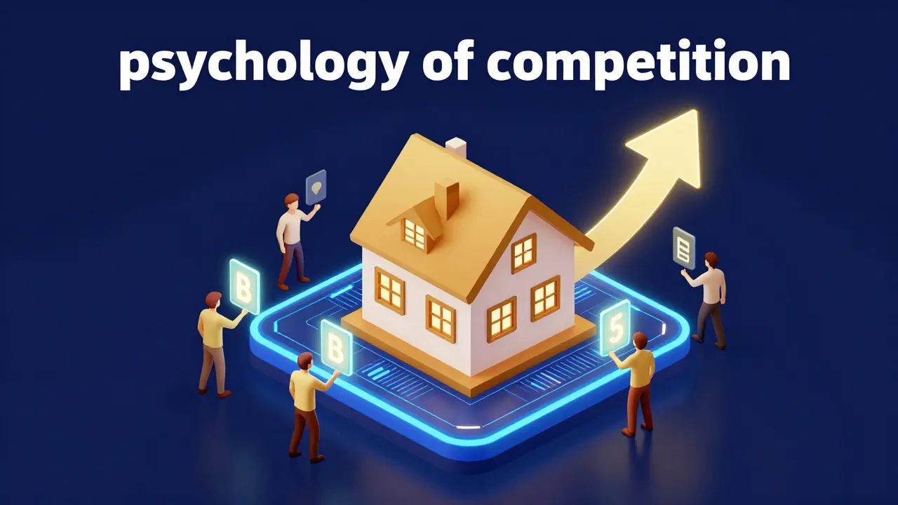 Konceptuální ilustrace aukce nemovitosti s rostoucími nabídkami a soutěžními prvky.