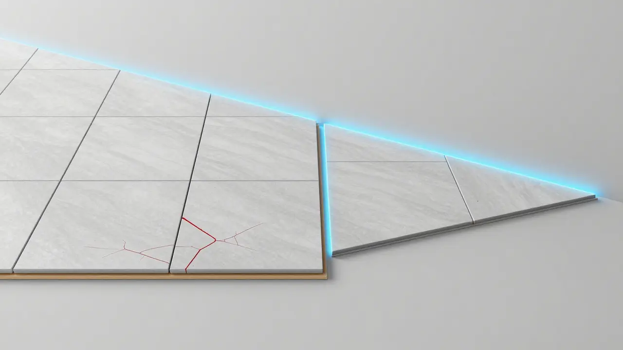 Konceptuální srovnání prsakající dlažby bez spár a správně položené podlahy.