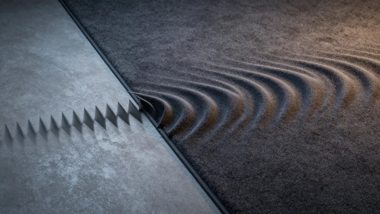 Konceptuální zobrazení pohlcování hluku kobercem oproti betonové podlaze.