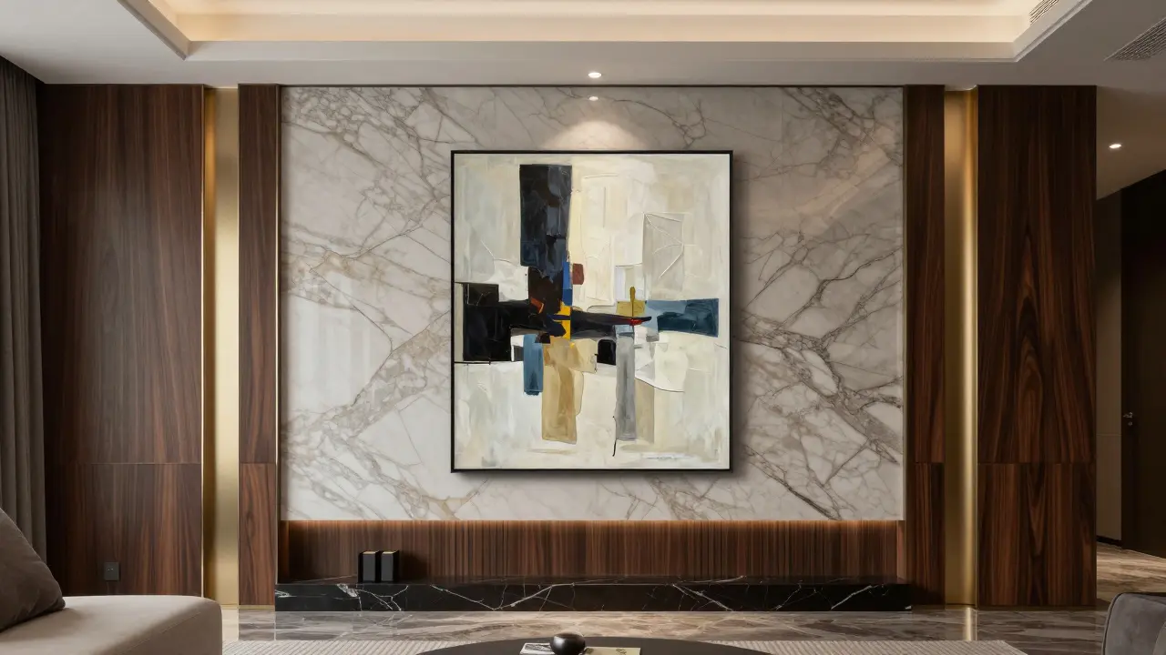 Luxusní interiér s mramorem, kvalitním dřevem a moderním uměleckým obrazem.