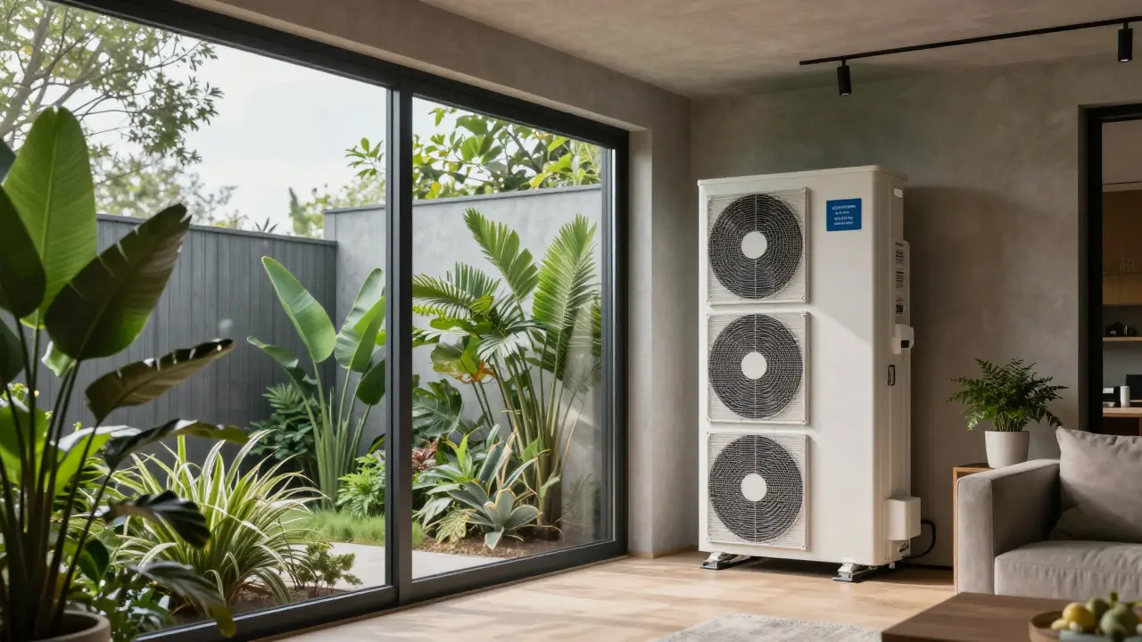 Moderní interiér s prvky energetické efektivity a udržitelných technologií.