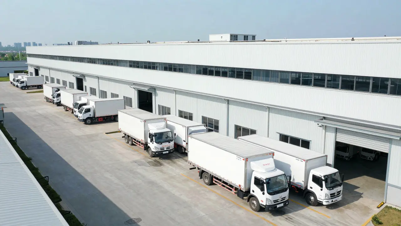 Moderní logistické distribuční centrum s řadou nákladních vozů v denním světle.