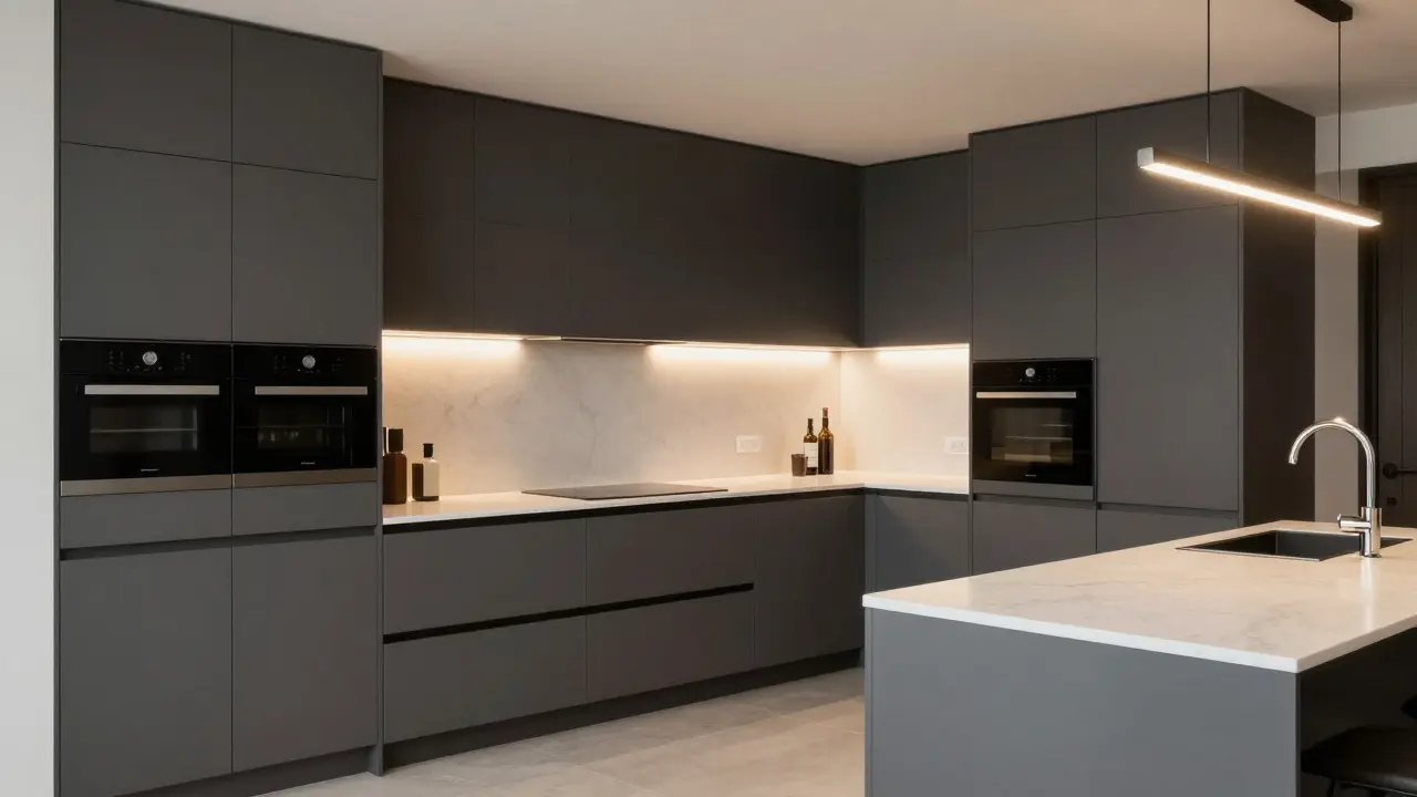 Moderní luxusní kuchyň na míru v tmavém provedení.