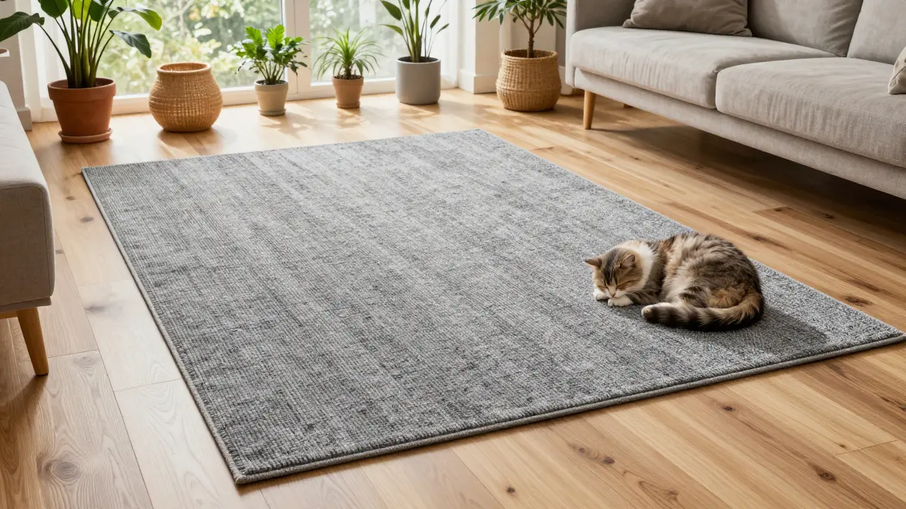 Moderní obývací pokoj s melírovaným kobercem a spící kočkou.