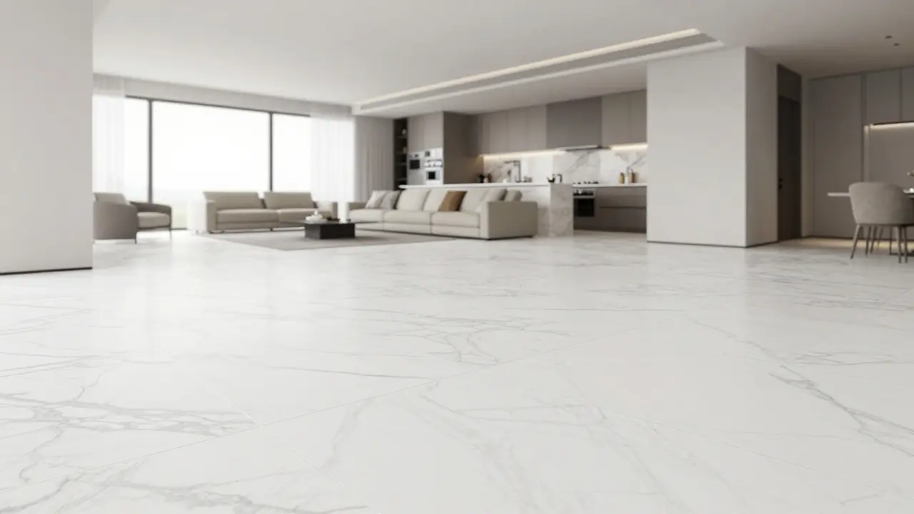 Moderní obývací pokoj s velkoformátovou bílou dlažbou a minimálními spárami.