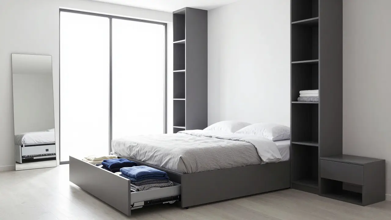 Moderní postel s praktickými vysouvacími šuplíky a vysokou policí v malé místnosti.