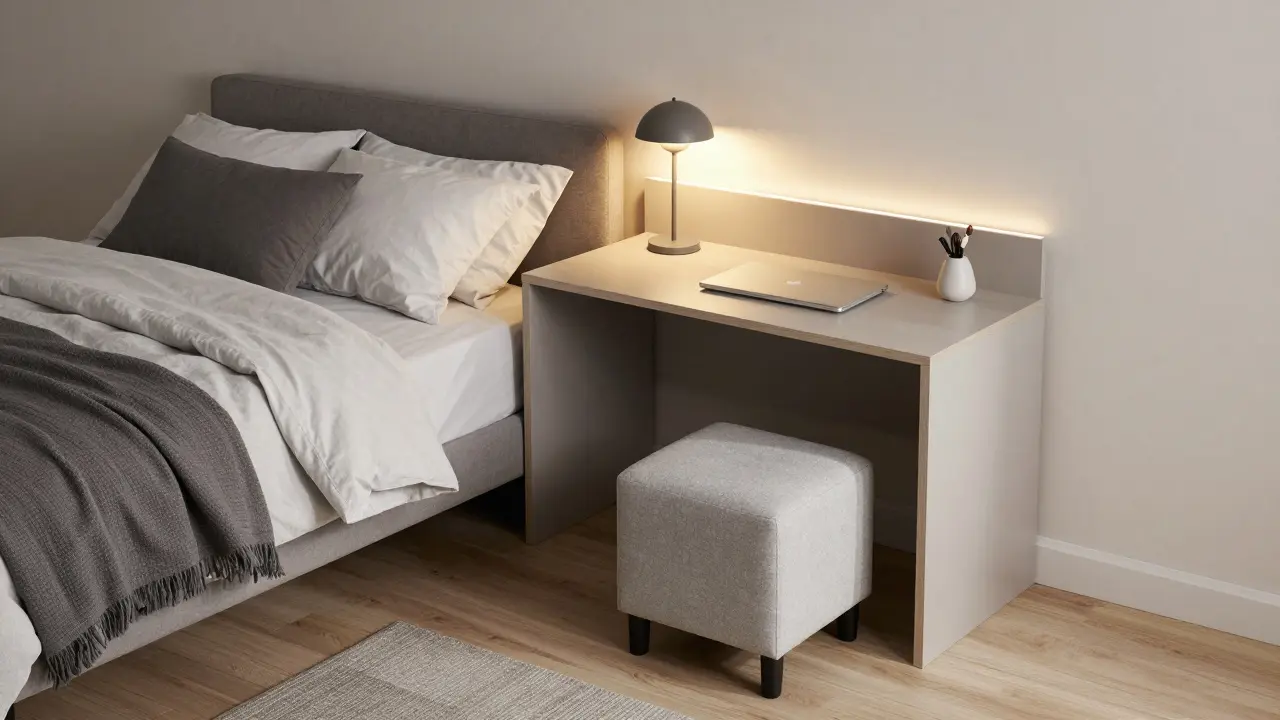  multifunkční zařízení malé ložnice s integrovaným pracovním koutkem a optimizerem prostoru.