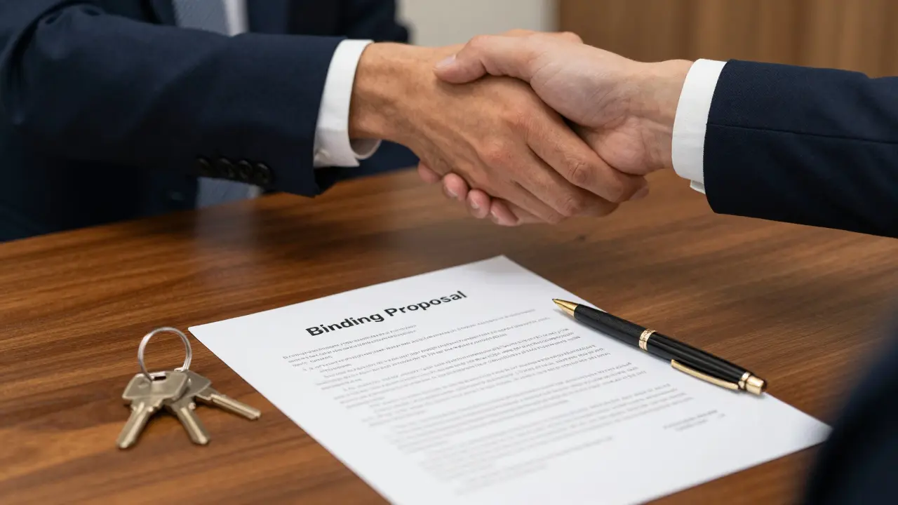 Podpisy závazných návrhů a klíče od domu na stole, symbolizující úspěšný prodej nemovitosti.