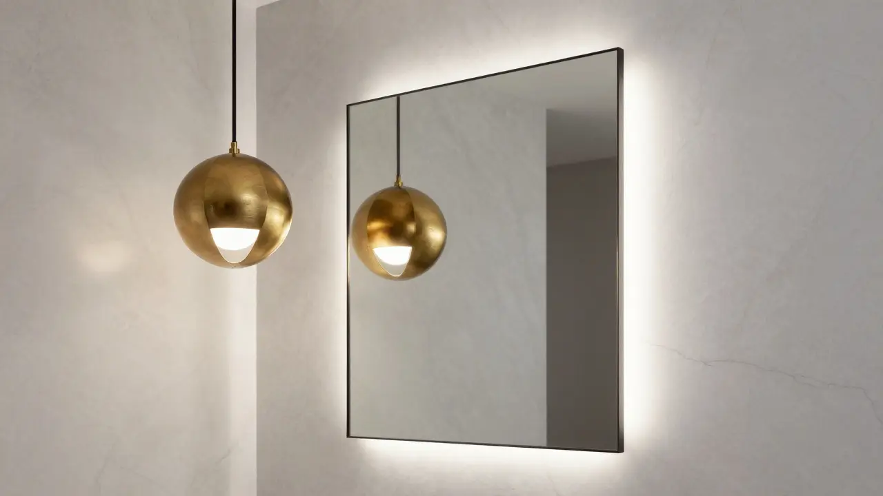 Podsvícené zrcadlo a geometrické mosazné svítidlo na mramorové stěně.