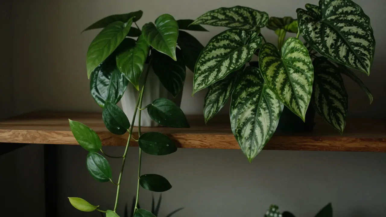 Popínavý epipremnum a maranta s dekorativními listy na polici