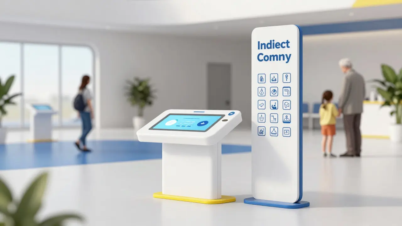 Přístupný informační bod s height-adjustable kioskem a intuitivními piktogramy pro děti i seniory.