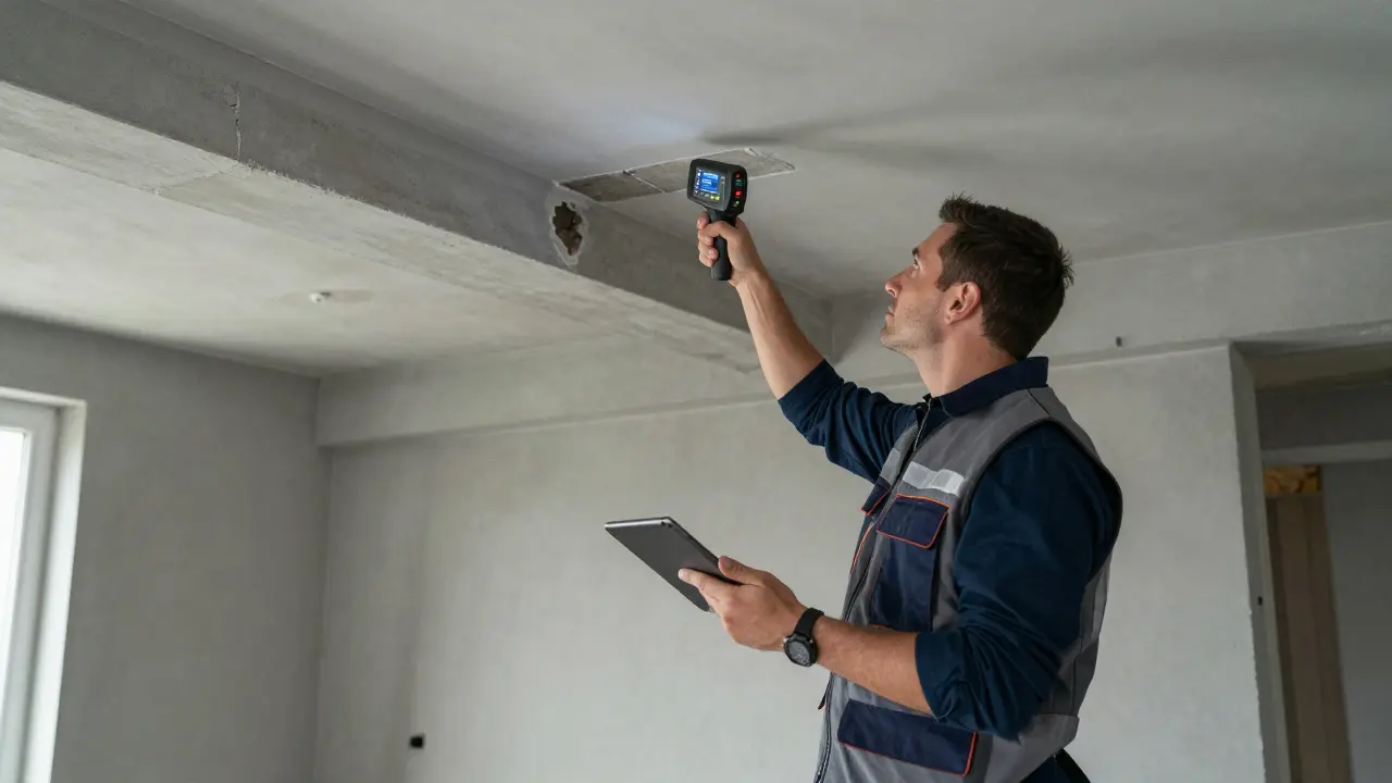 Profesionální inspektor používající termokameru k vyhledání vad v interiéru bytu.