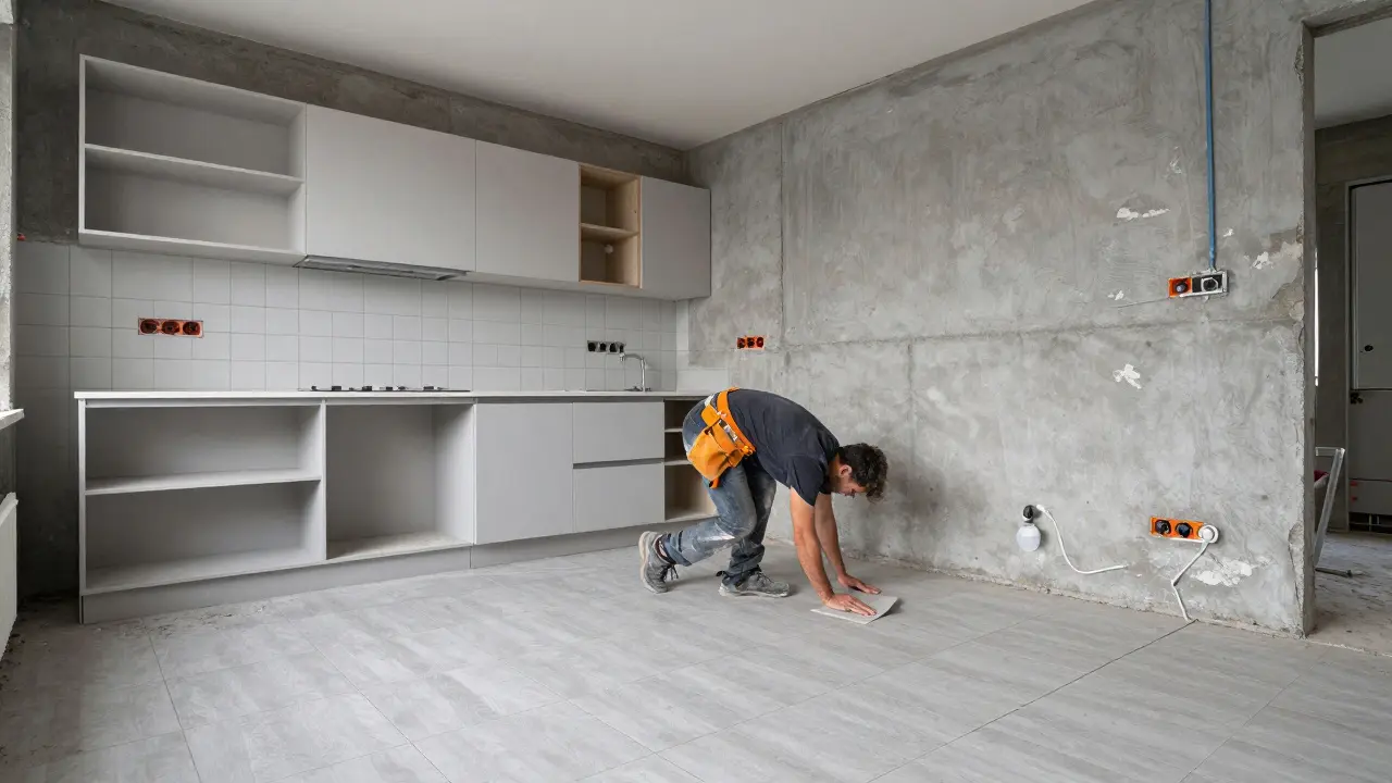 Průběh rekonstrukce kuchyně s novou podlahou a rozvody.