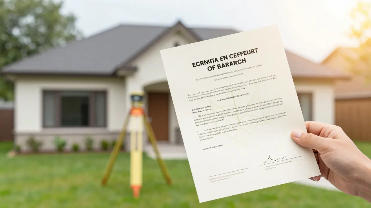 Ruka drží razítkovaný kolaudační protokol před legálně uznaným domem.
