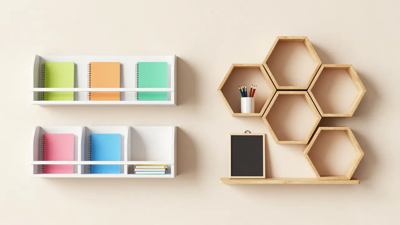 Různé typy organizérů nad stolem, včetně modulárních a plástvovitých polic.