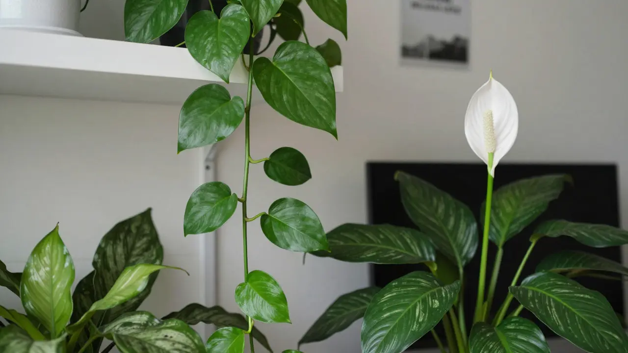 Seskupení pokojových rostlin, včetně Epipremnum a lopatkovce, v pracovním prostoru.