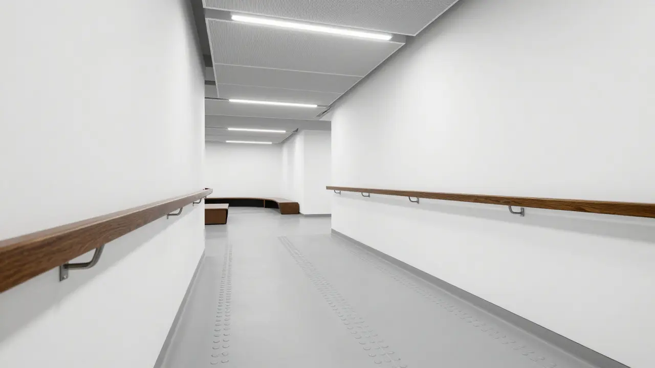 Široká chodba haly s hmatovými prvky, kontrastním madlem a akustickými panely na stropě.