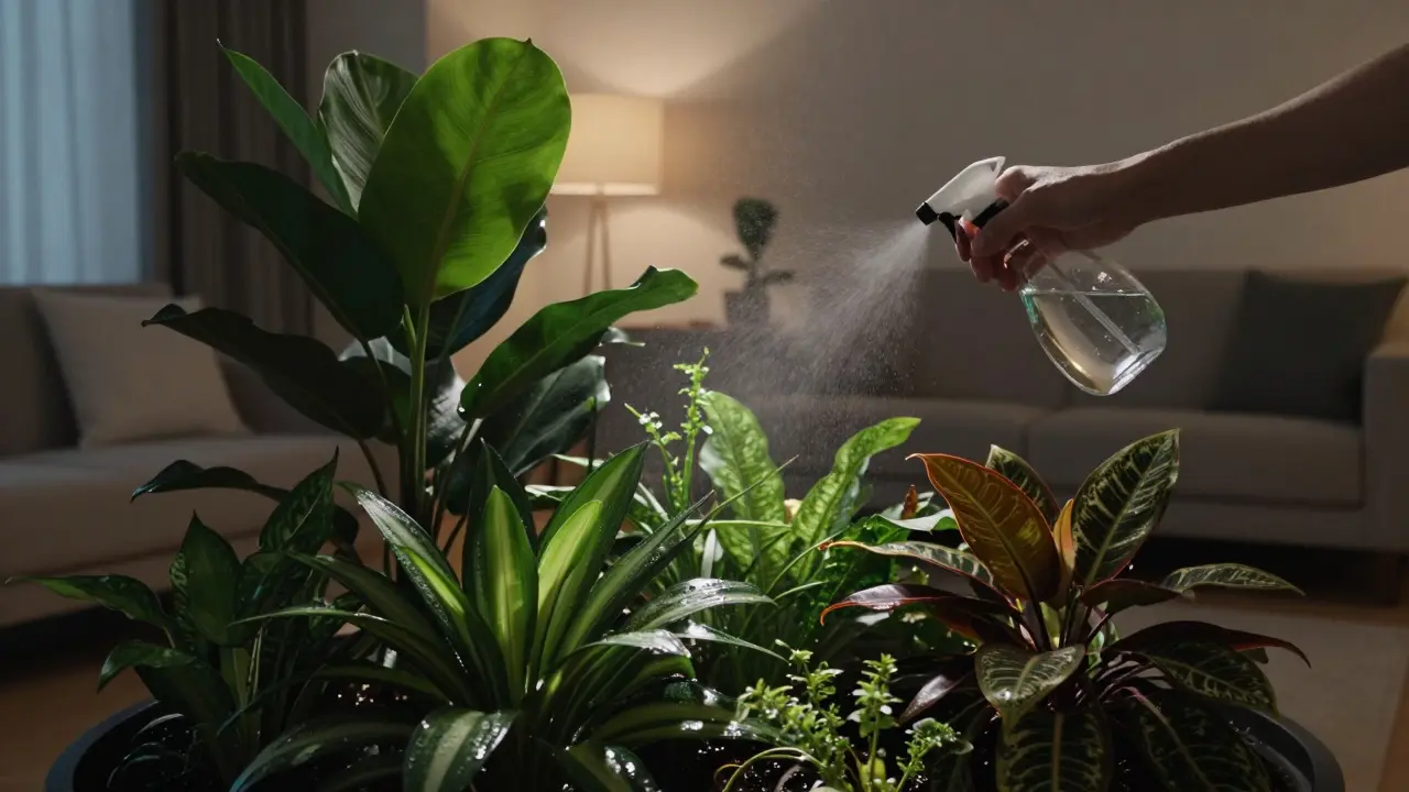 Skupina stínomilných pokojových rostlin být rozprašovány vodou