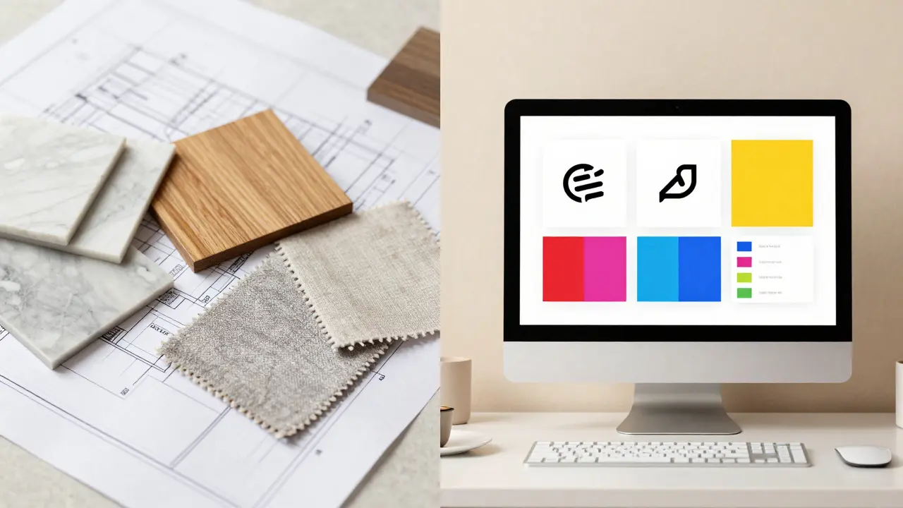 Srovnání materiálů pro interiérový design a digitálních návrhů loga pro grafický design.