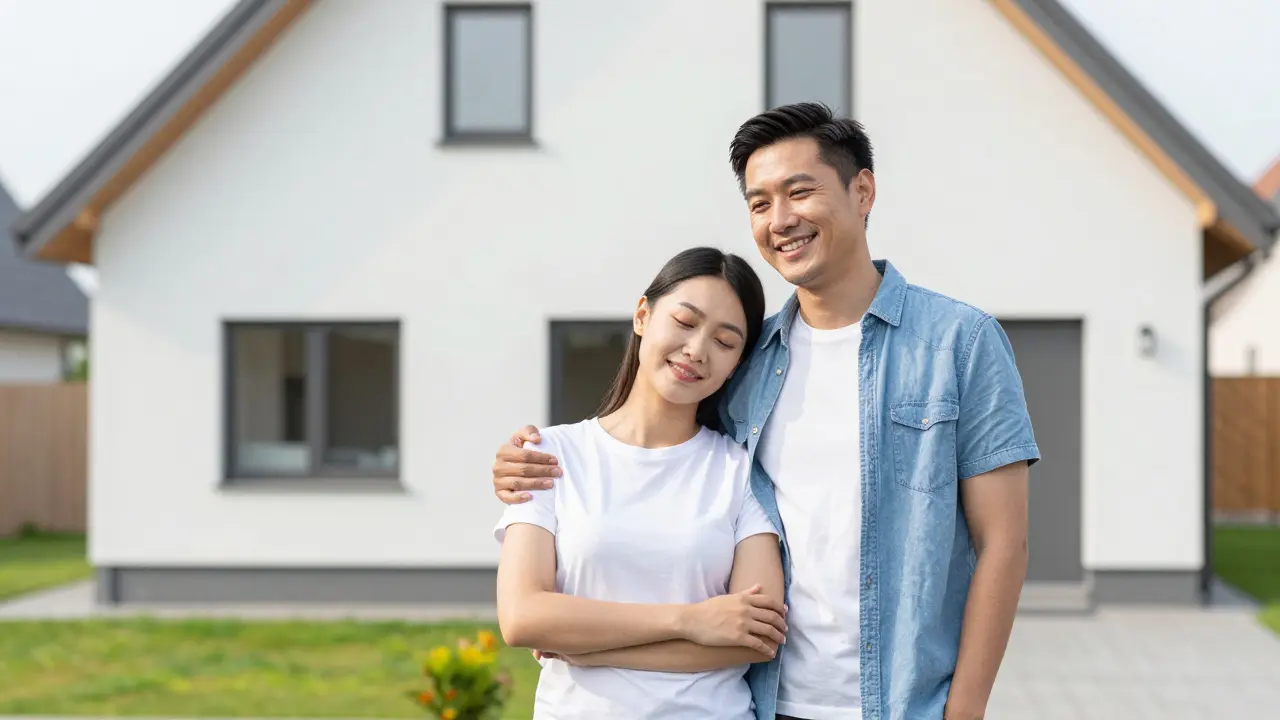 Šťastný pár před svým nově koupeným a plně pojištěným domem