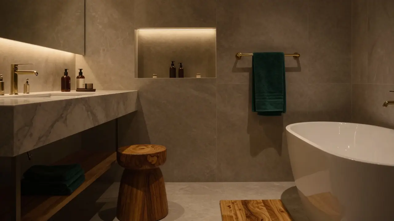 Večerní atmosféra koupelny s LED podsvícením mramoru a doplňky z dubového dřeva.