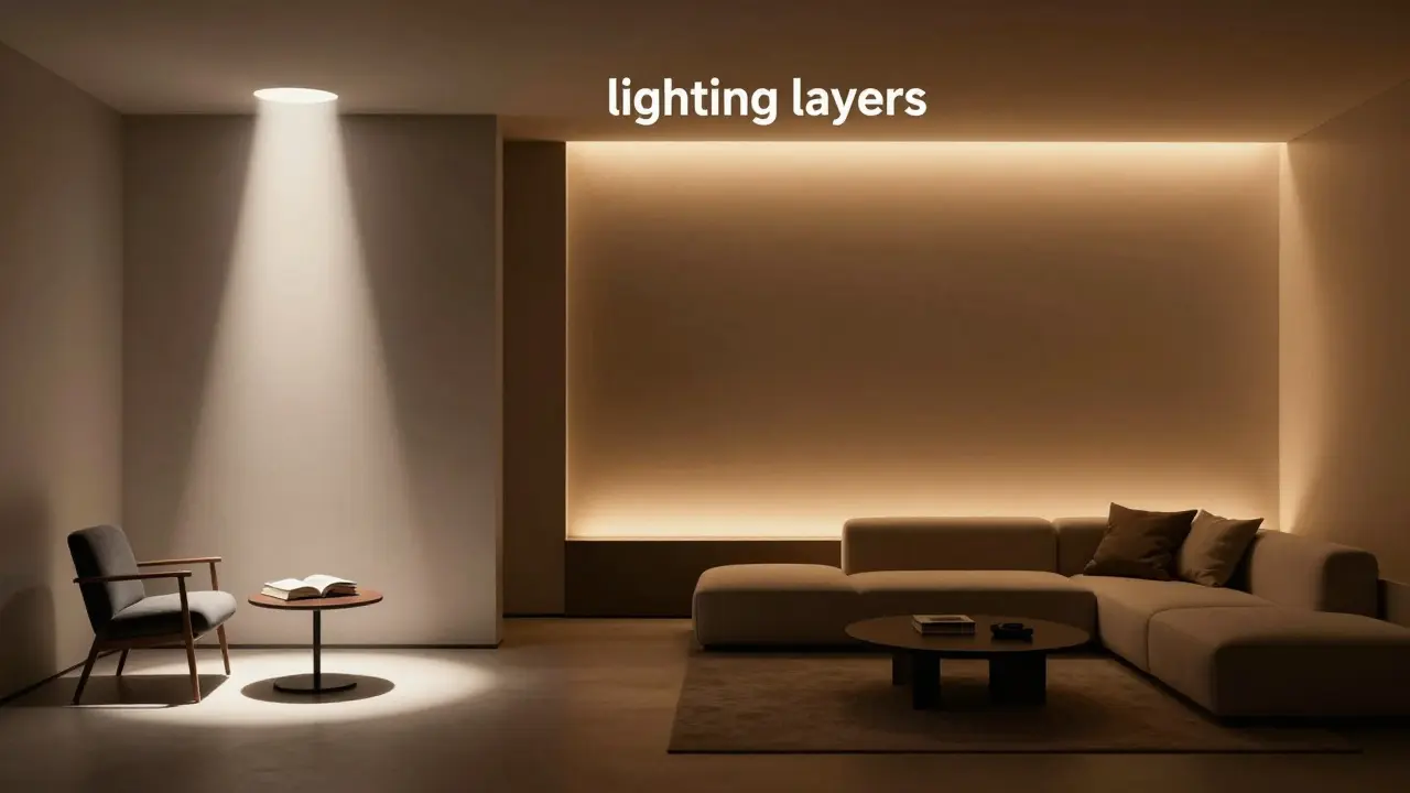 Vrstvené osvětlení obývacího pokoje s kombinací neutrálního a teplého světla.