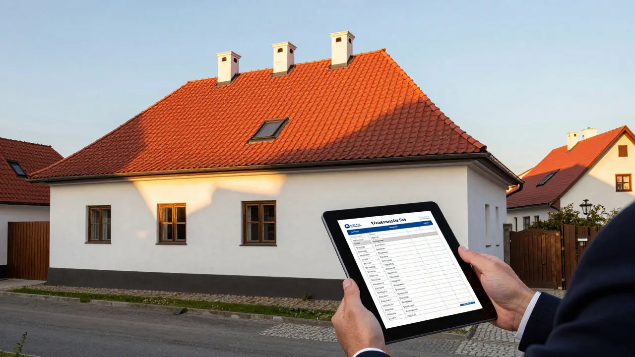 Znalec hodnotí rodinný dům s červenou střechou během zlaté hodinky