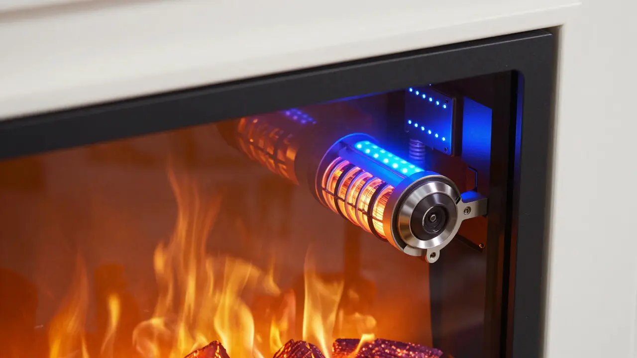 Detail vnitřní technologie elektrického krbu s LED projekcí a topnými spirálami.
