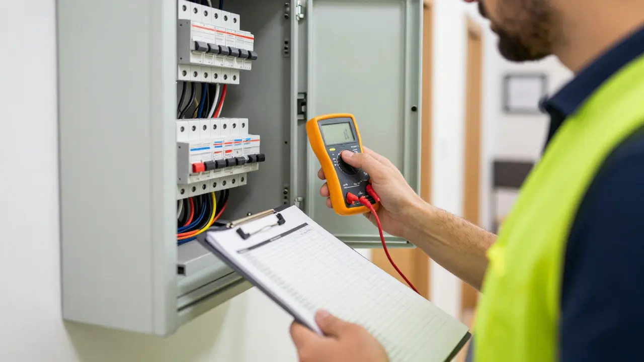 Elektrikář provádí revizi rozvaděče v bytě s kontrolním listem