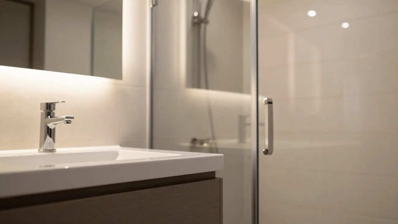 Luxusní koupelna s moderními sanitárními zařízeními a LED světly