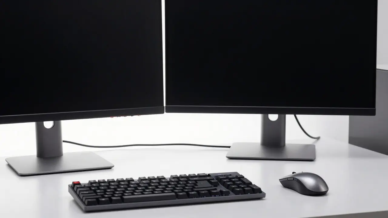 Pracovní stanice se dvěma monitory, mechanickou klávesnicí a ergonomickým osvětlením