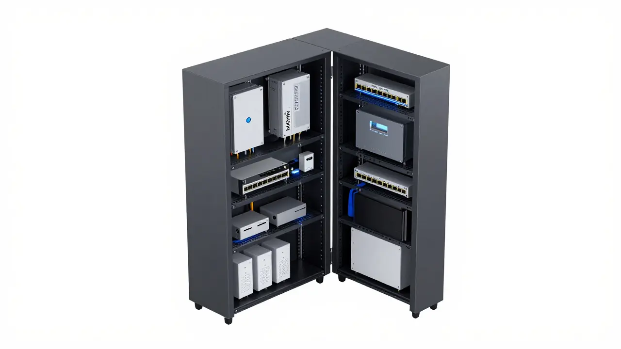 Uspořádaná technická místnost se servery a řídicími jednotkami chytrého domu.