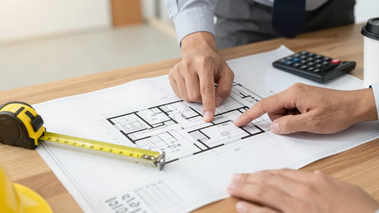 Architektonický plán a nářadí na stole pro profesionální přípravu