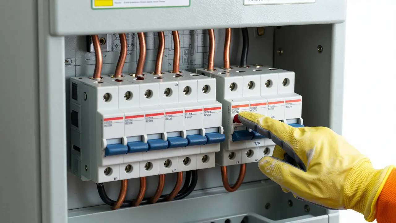 Detail elektroinstalace s proudovými chrániči a testováním jističů v rozvaděči.