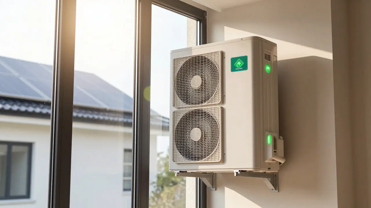 Detailní záběr na energeticky úsporné prvky jako tepelné čerpadlo a zateplení