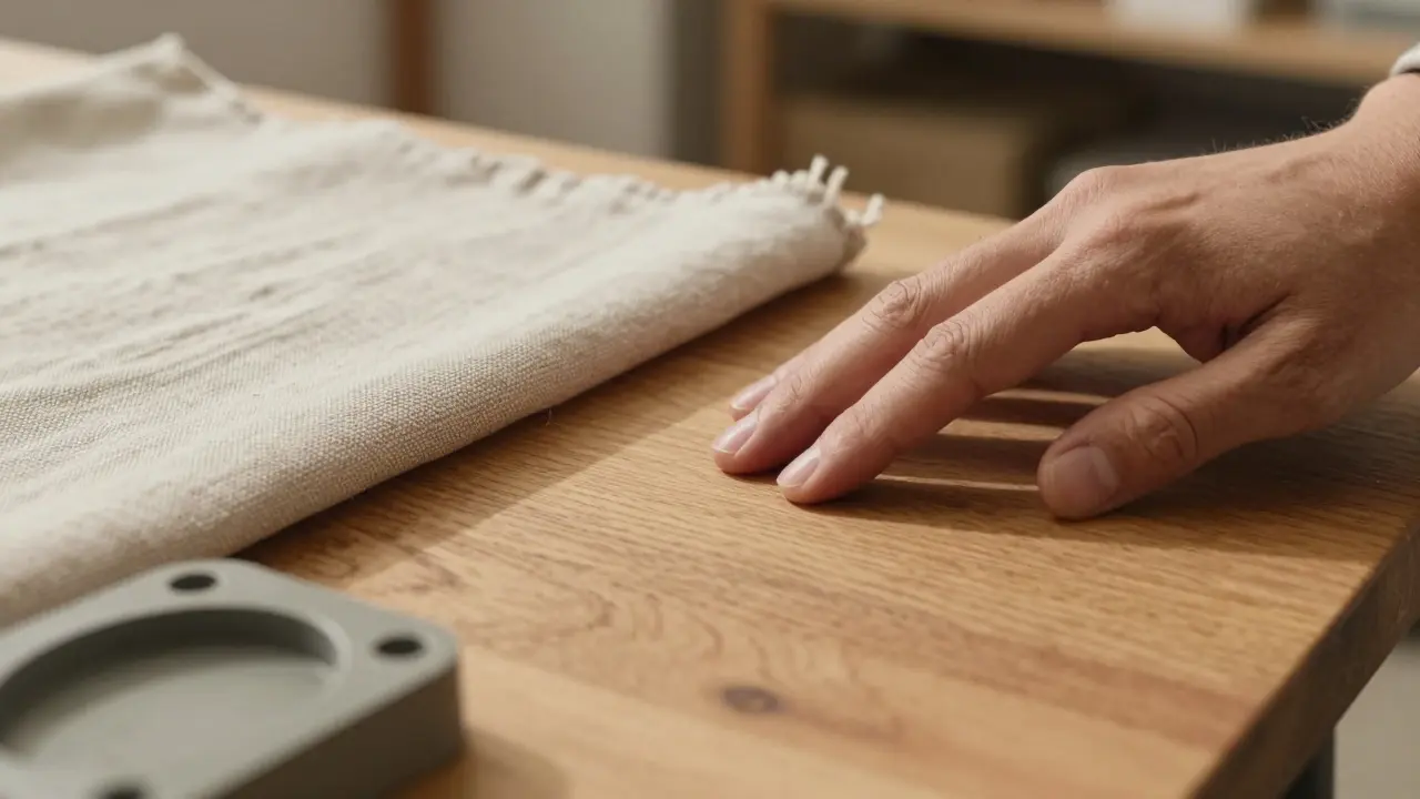 Detailní záběr na přírodní materiály v interiéru: masivní dřevo, lněná látka a recyklované plasty.