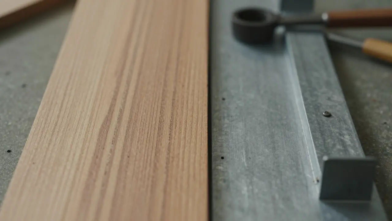 Detail kvalitního dřeva a recyklovaného kovu pro nábytek