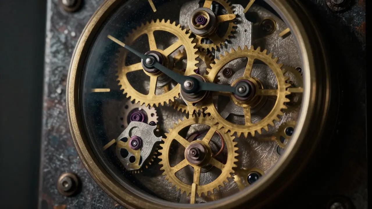 Detail mechanických hodin s viditelnými ozubenými koly a bronzovým strojkem