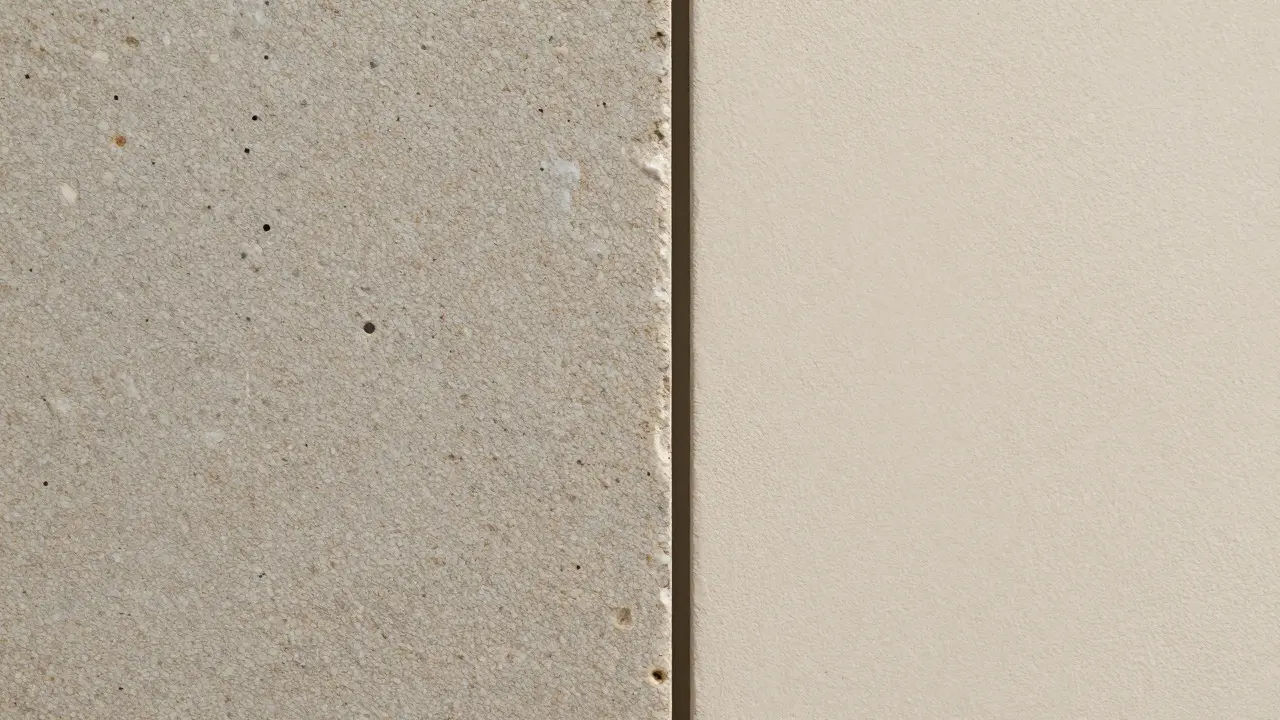 Detailní srovnání textury keramické imitace kamene a sádrového panelu