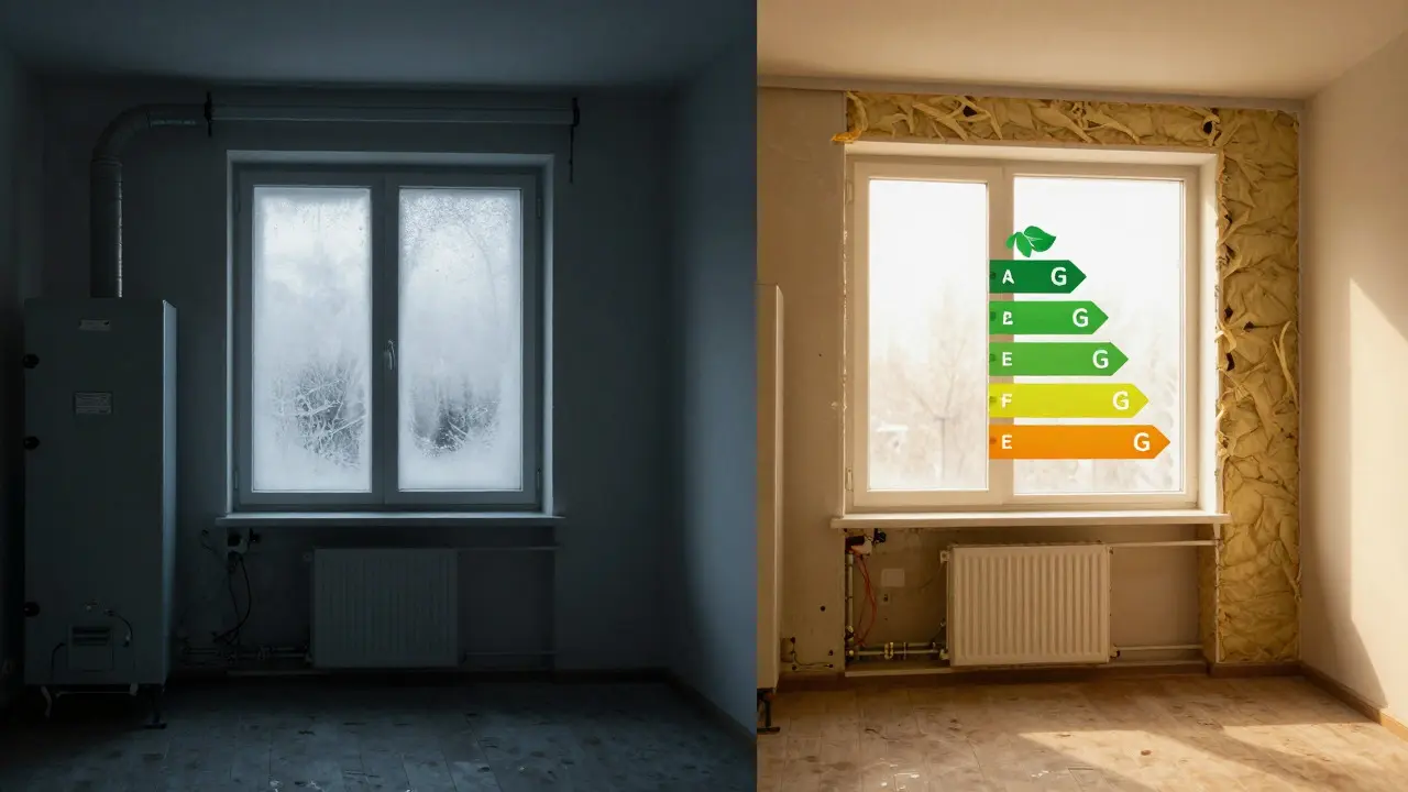 Kontrast mezi neefektivním starým bytem a energeticky úspornou rekonstrukcí