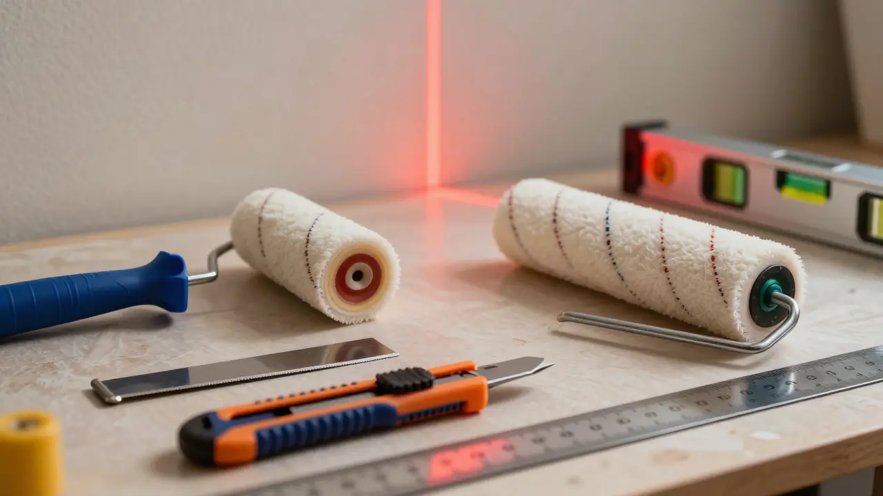 Nářadí pro tapetování: stěrka, nůž, pravítko a laserová vodováha