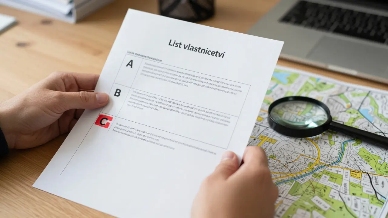 Ruce drží list vlastnictví s lupou nad mapou při ověřování údajů