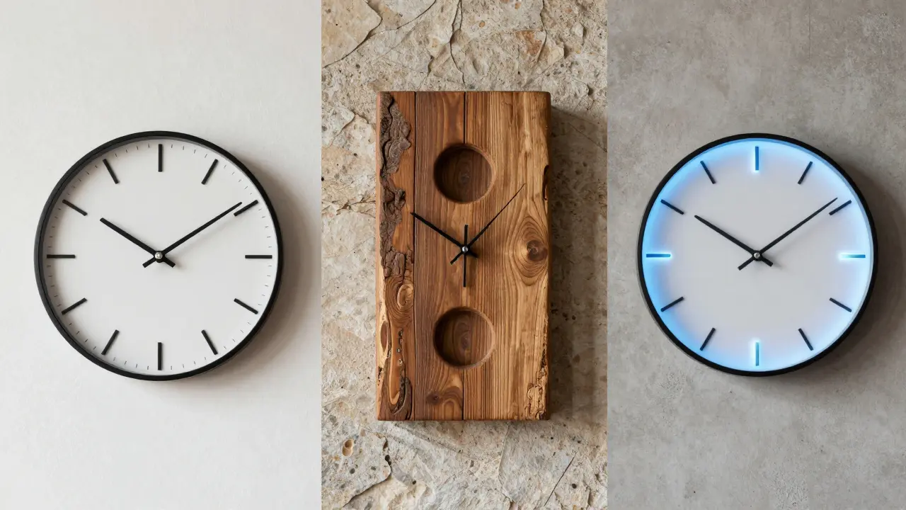 Srovnání tří stylů hodin: minimalistické, dřevěné a digitální LED