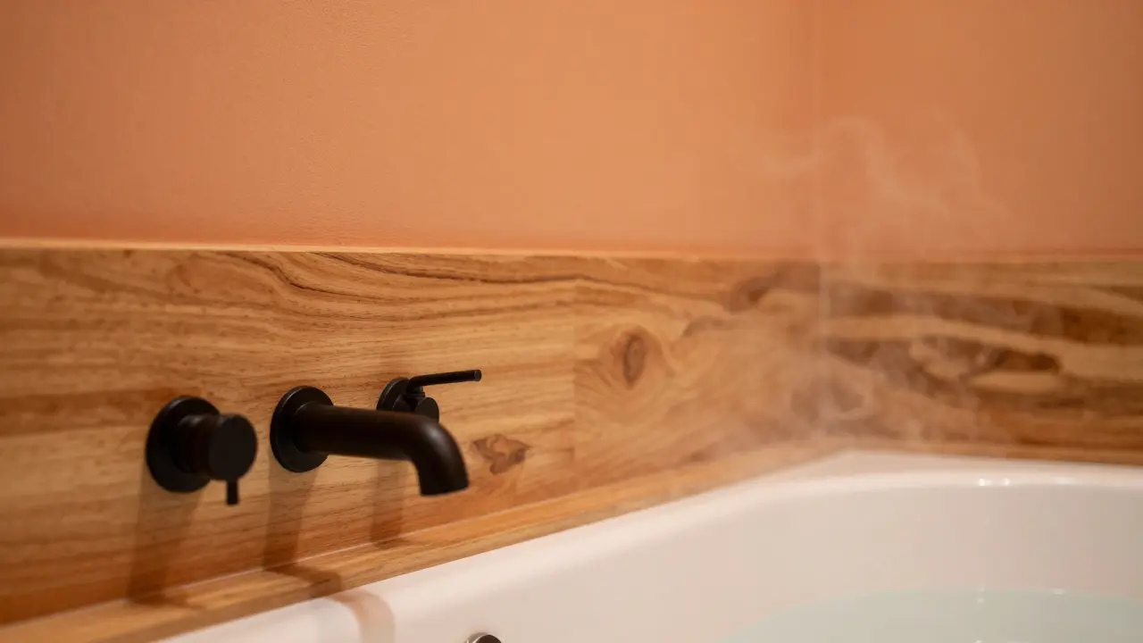 Teplá meruňková koupelna s dřevem a parou pro relaxaci